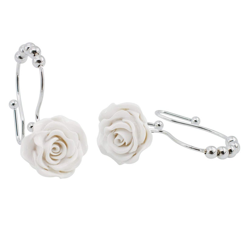 BEAVO Rose Shower Curtain Hooks,12 Pcs Double Glide Shower Curtain Rings Stainless Steel Rustproof Decorative Shower Hook Ring with Resin Rose Flower for Bathroom Shower Rods (White) - Image 4